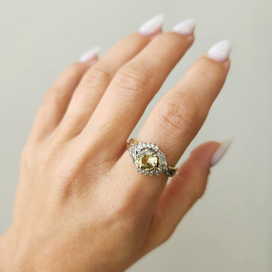 Vintage 14 Karat White Gold Unheated Yellow Sapphire & Diamond Ring