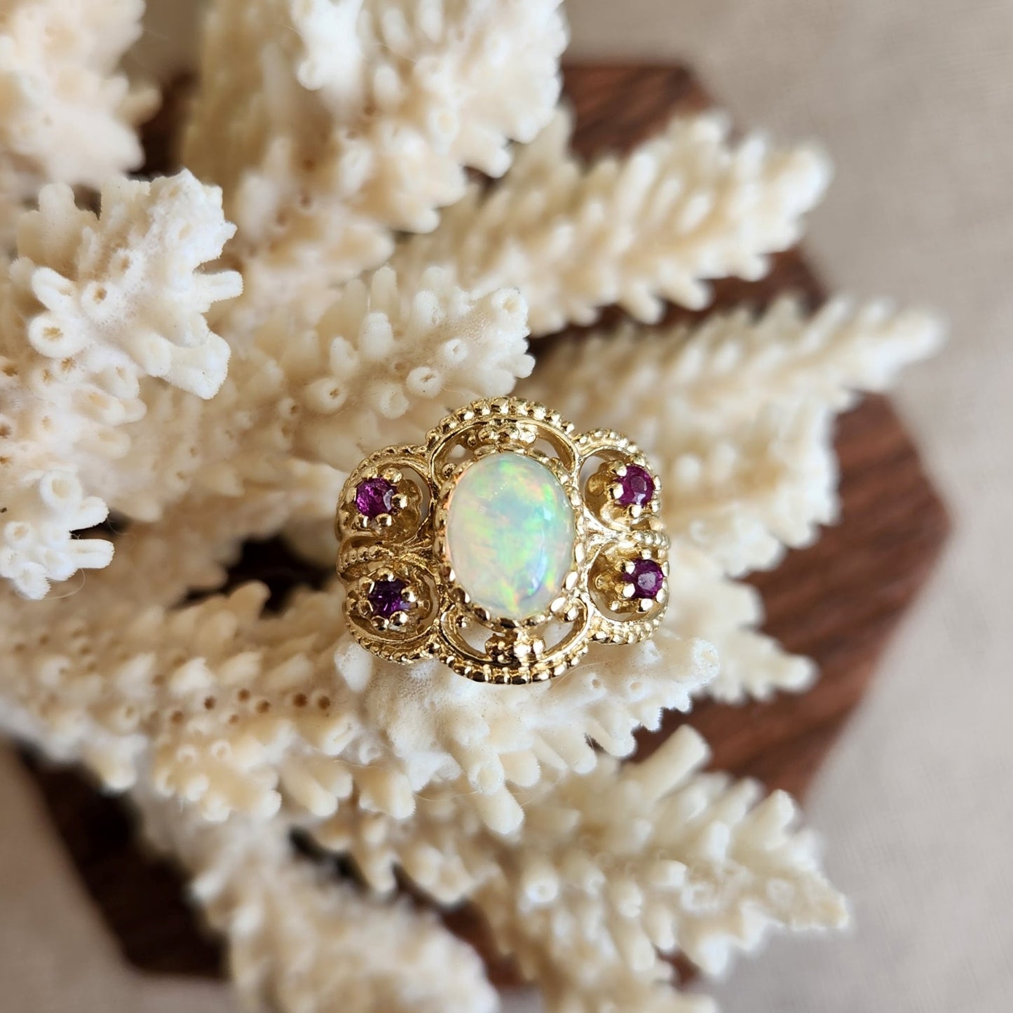 Vintage 14 Karat Yellow Gold Opal & Ruby With Beading Detail