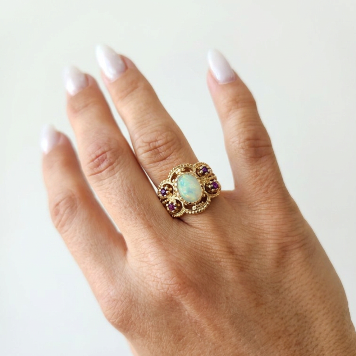 Vintage 14 Karat Yellow Gold Opal & Ruby With Beading Detail