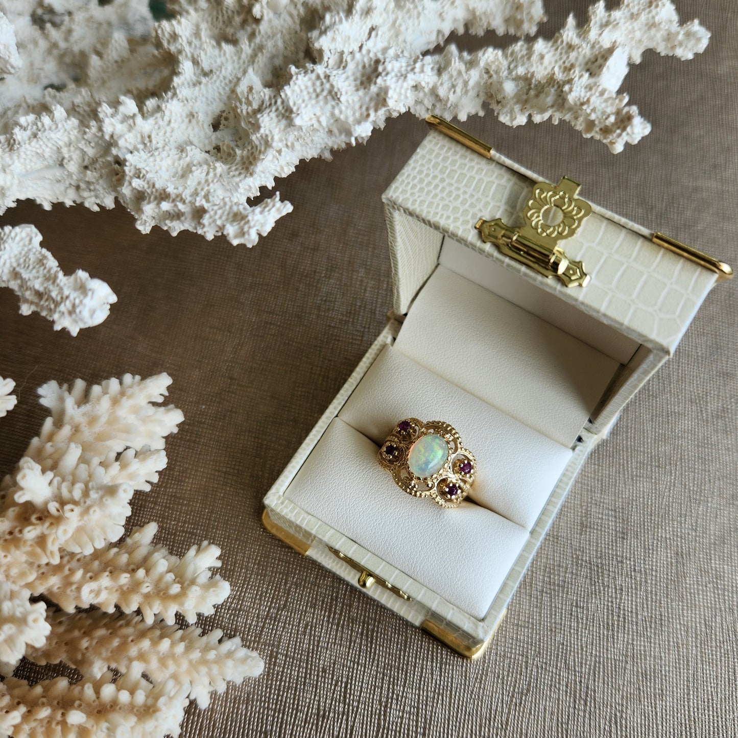 Vintage 14 Karat Yellow Gold Opal & Ruby With Beading Detail