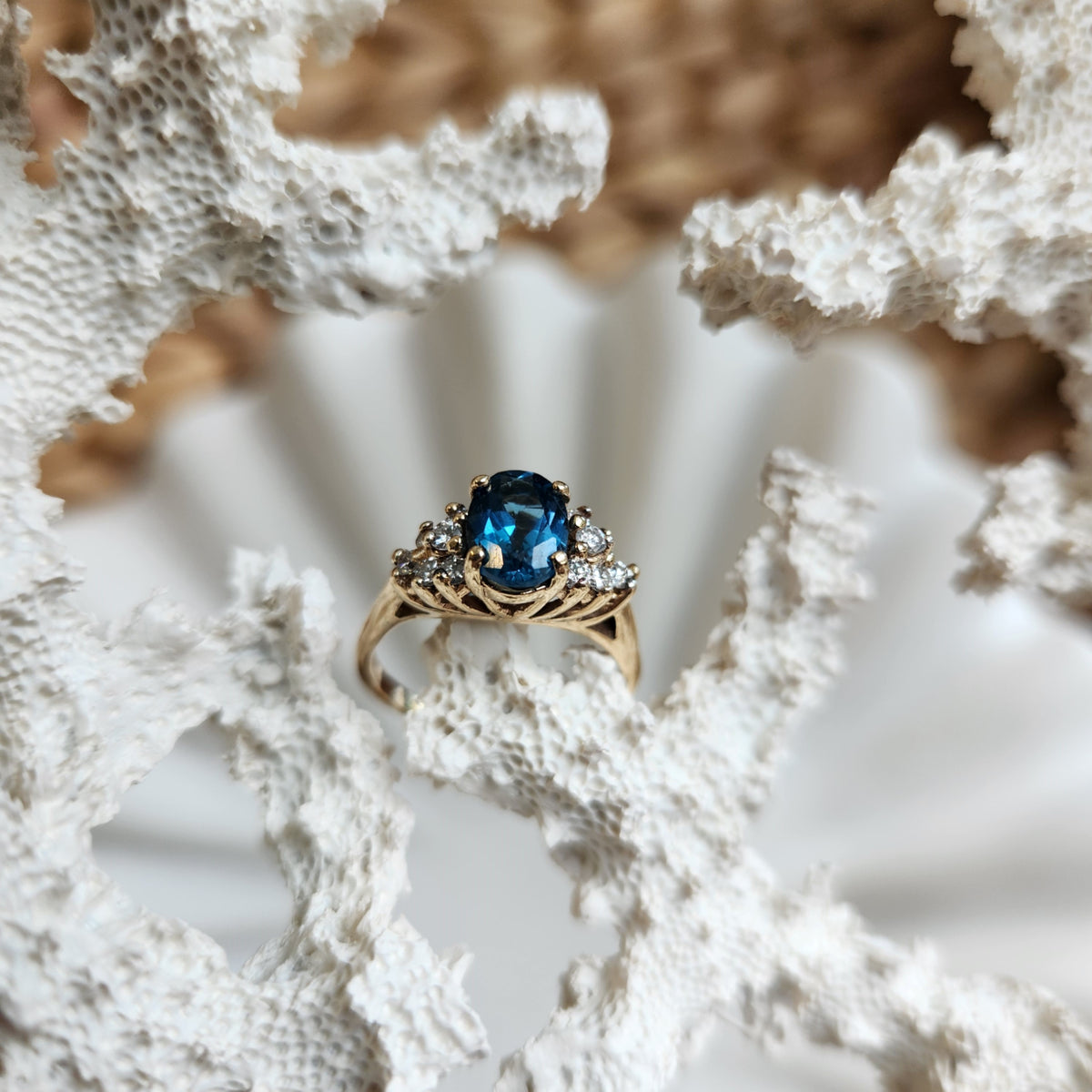 Vintage 14 Karat Yellow Gold Oval London Blue Topaz With Round Diamond Accents