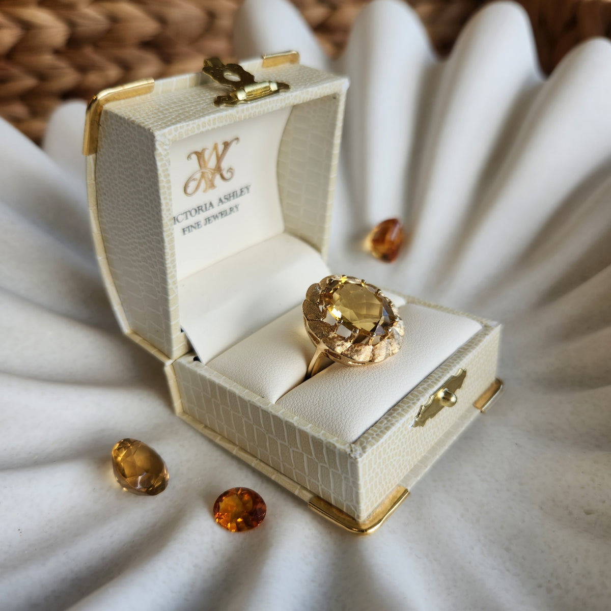 Vintage 14 Karat Yellow Gold Citrine Solitaire Ring With Florentine Textured Setting