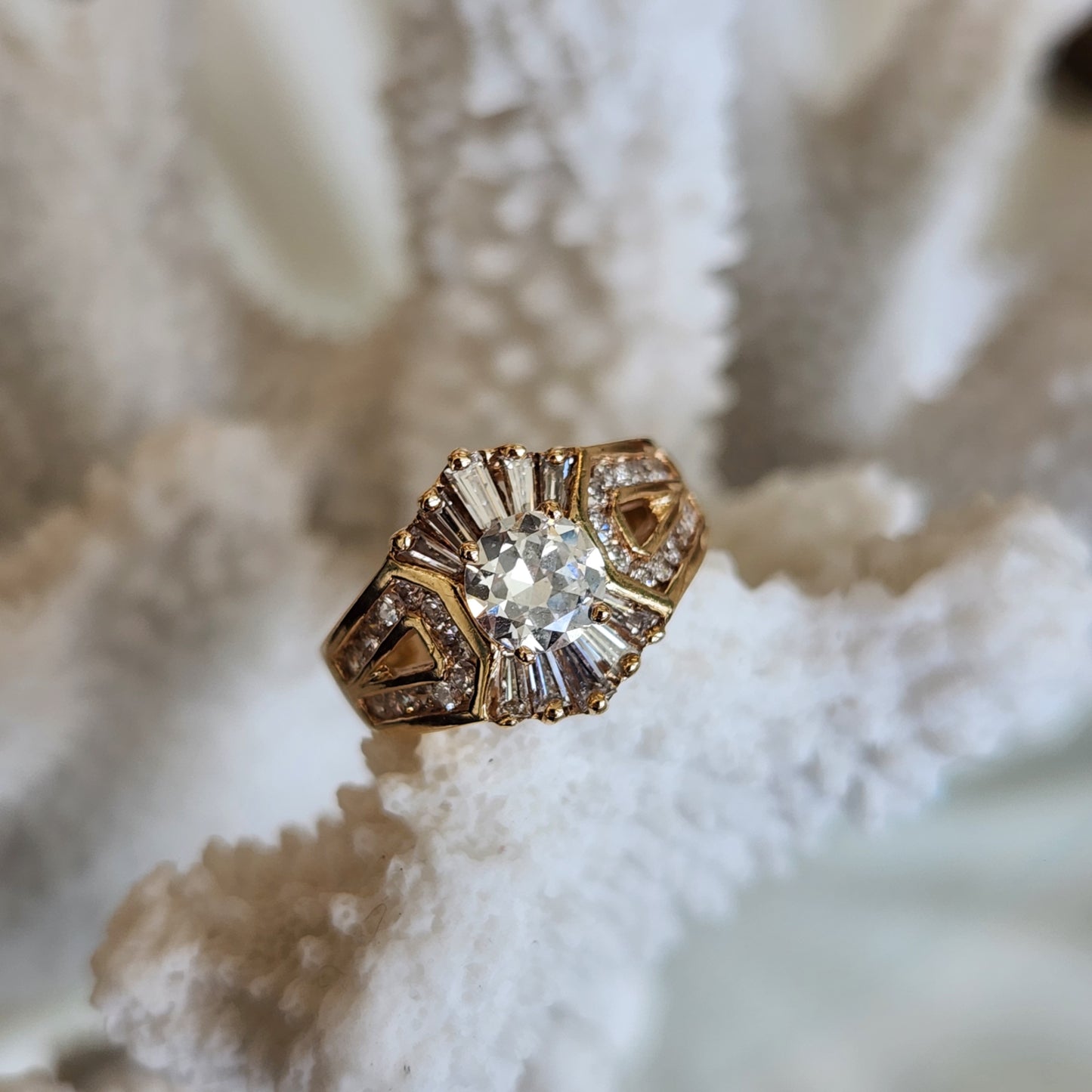 Vintage 14 Karat Yellow Gold "Sunburst" Motif  Round & Baguette Diamond Ring