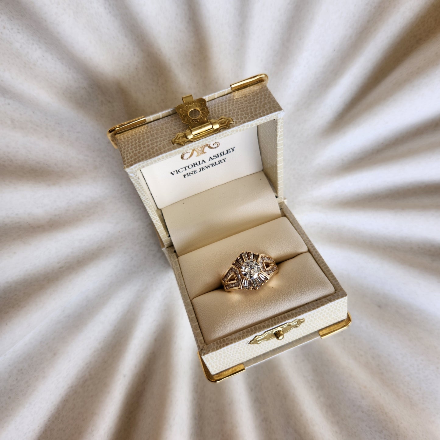 Vintage 14 Karat Yellow Gold "Sunburst" Motif  Round & Baguette Diamond Ring