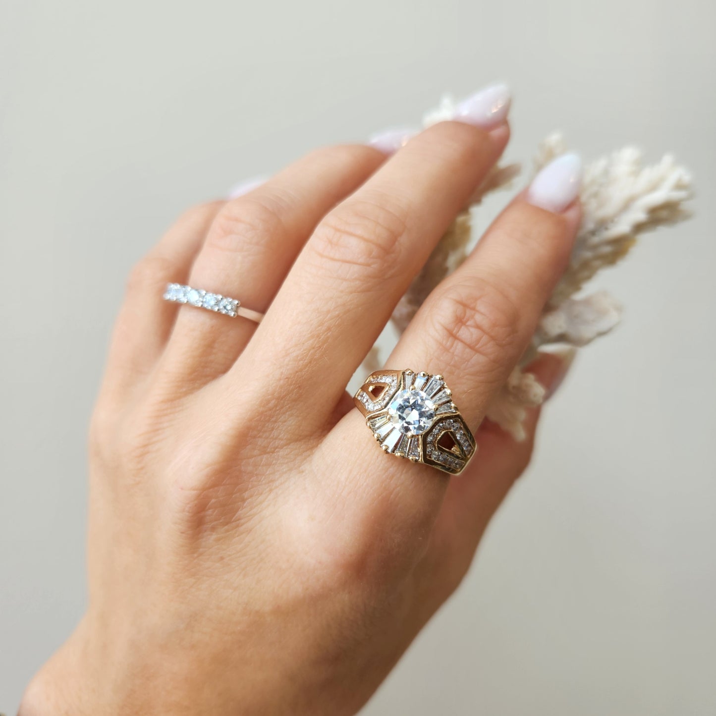 Vintage 14 Karat Yellow Gold "Sunburst" Motif  Round & Baguette Diamond Ring