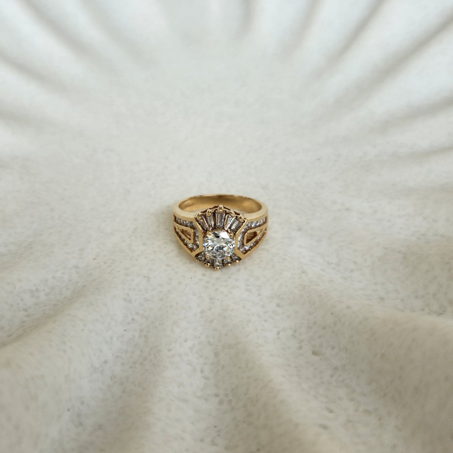 Vintage 14 Karat Yellow Gold "Sunburst" Motif  Round & Baguette Diamond Ring