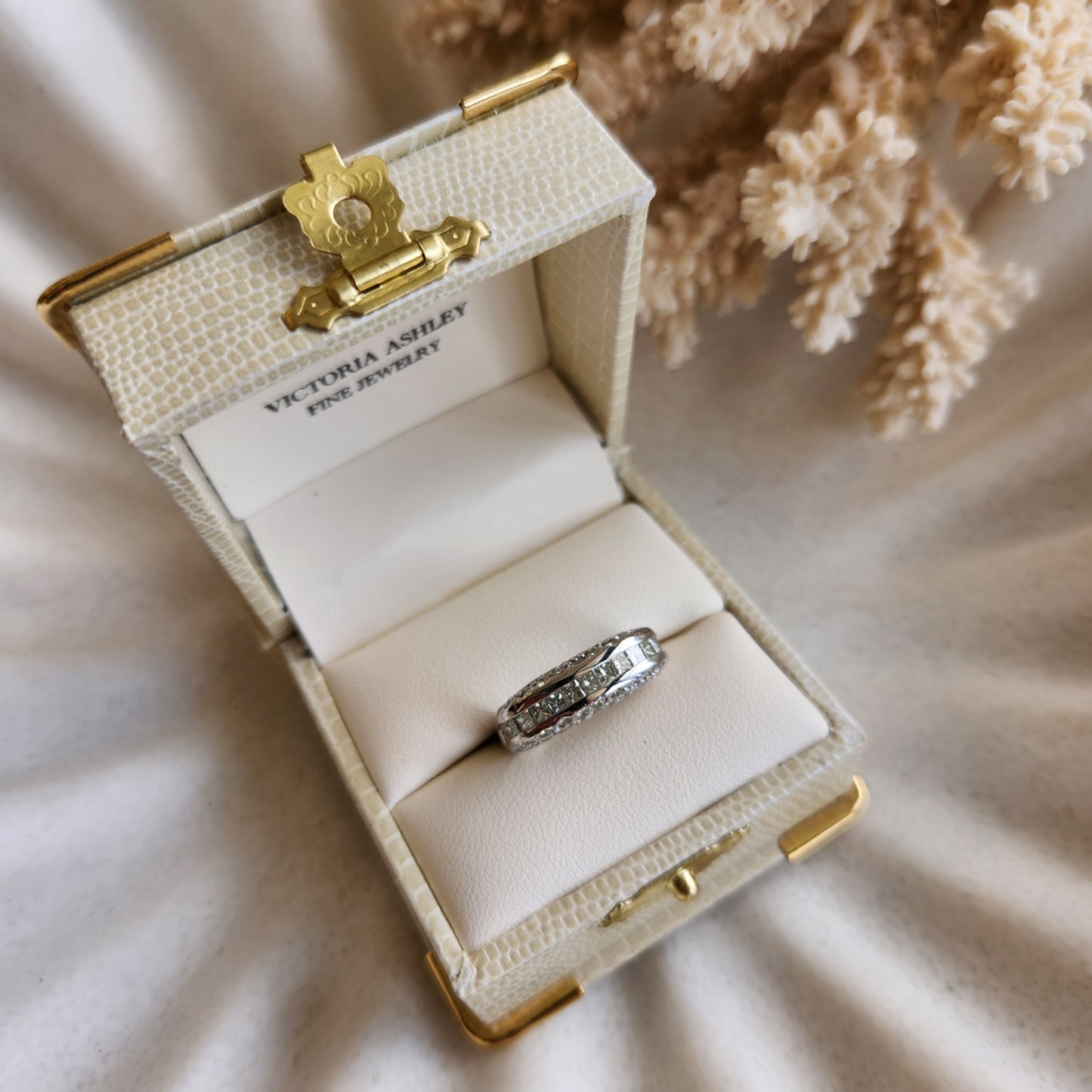 Vintage 14 Karat White Gold Channel Set Diamond Band With Accent Stones