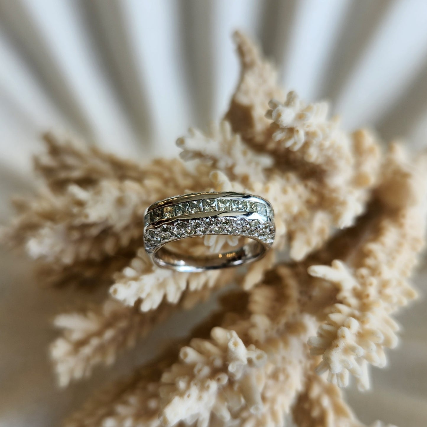 Vintage 14 Karat White Gold Channel Set Diamond Band With Accent Stones