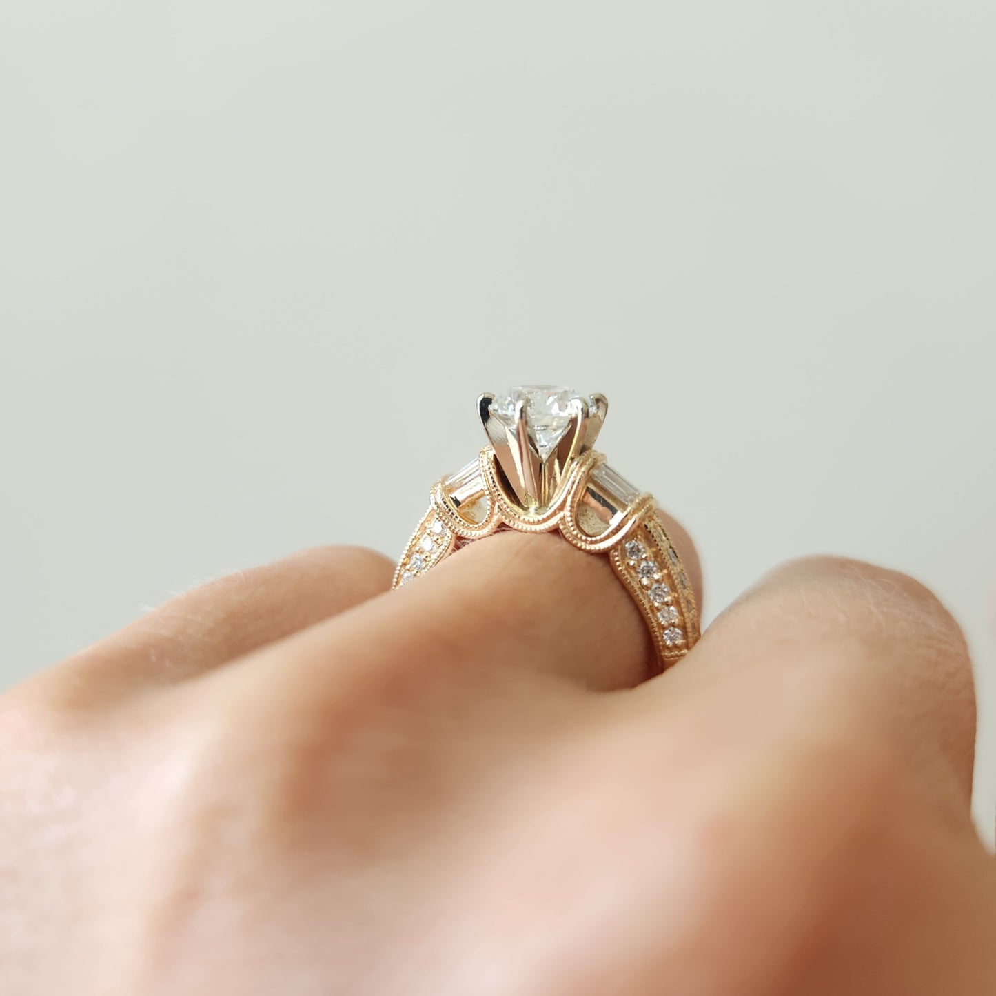 Vintage 14 Karat Yellow Gold Round Brilliant Diamond Engagement Ring With Diamond Accents