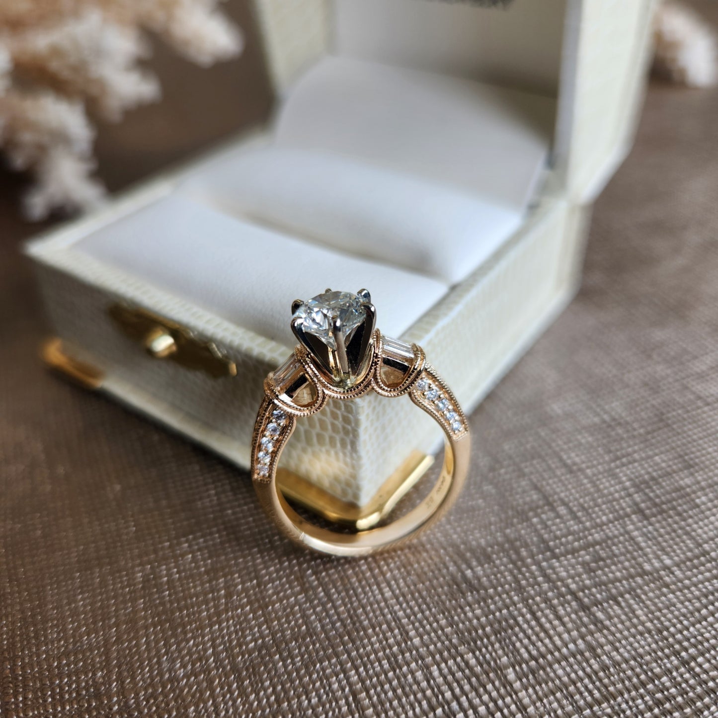 Vintage 14 Karat Yellow Gold Round Brilliant Diamond Engagement Ring With Diamond Accents