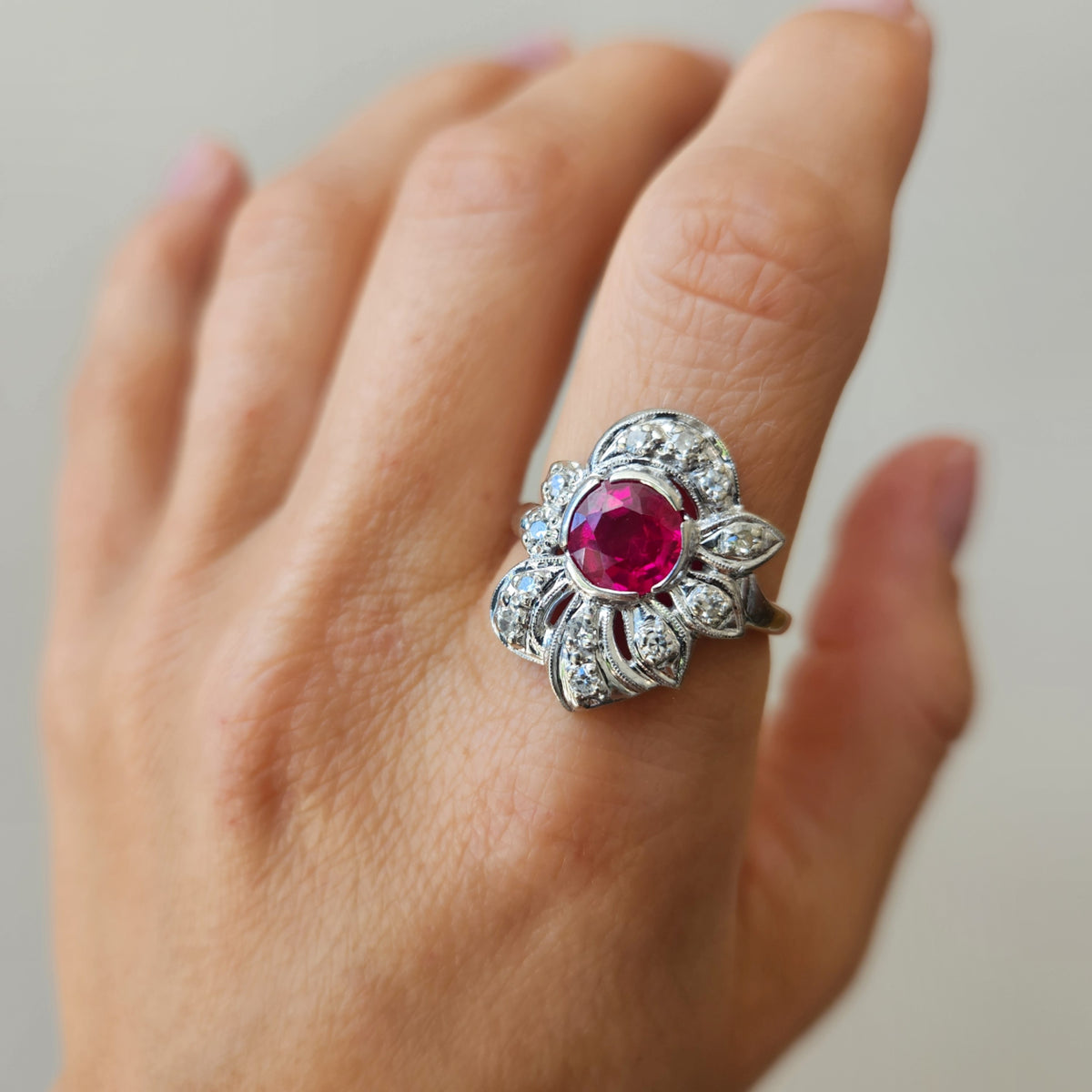 Vintage 14 Karat White Gold Synthetic Ruby And Diamond Ring