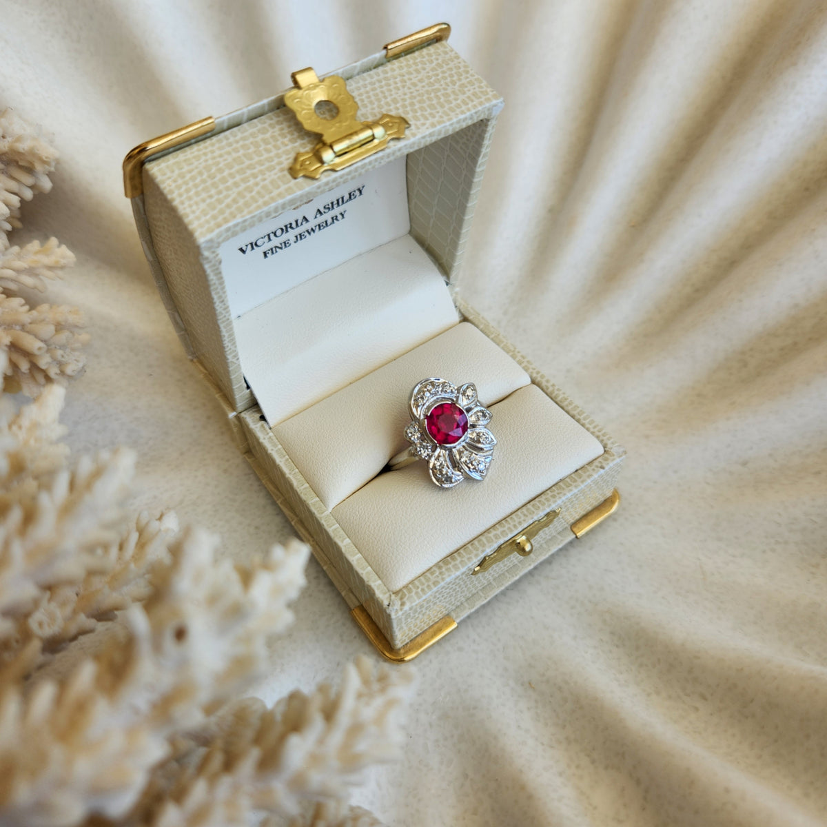 Vintage 14 Karat White Gold Synthetic Ruby And Diamond Ring