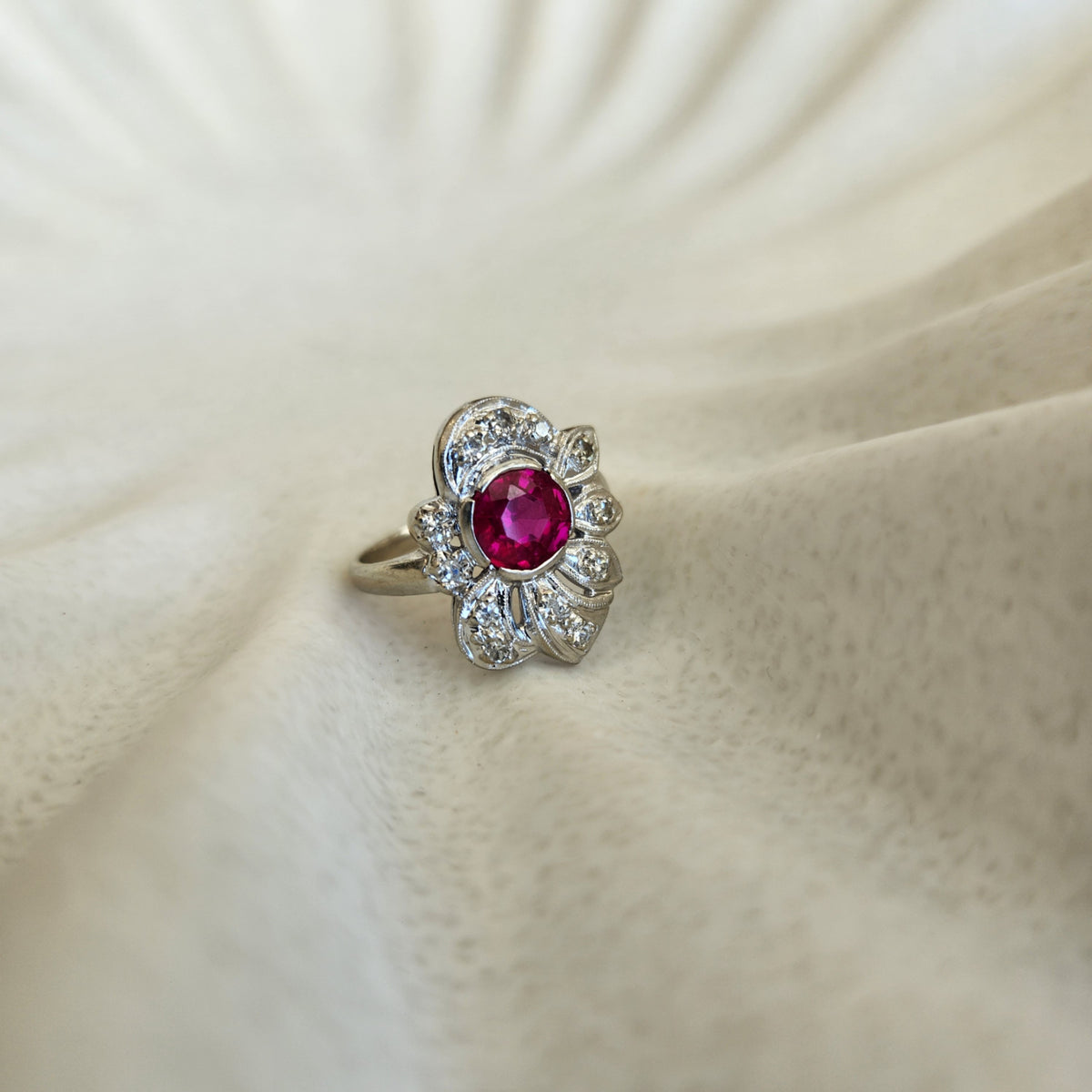 Vintage 14 Karat White Gold Synthetic Ruby And Diamond Ring