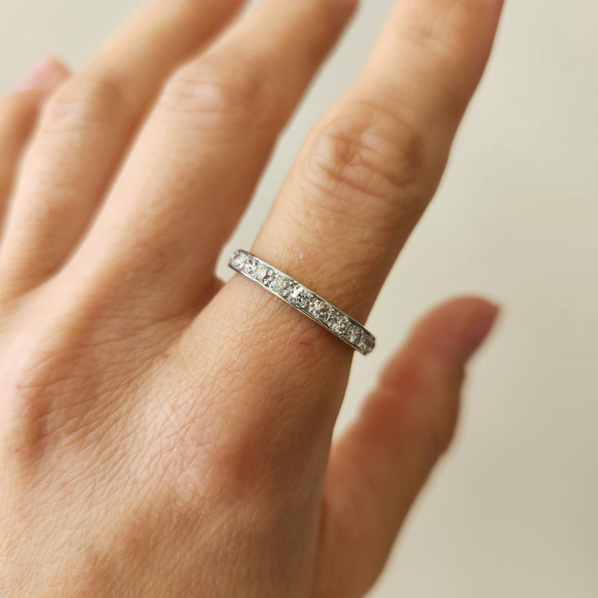 Vintage Platinum Old European Cut Bead Set Diamond Eternity Band