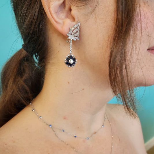 Vintage Retro Platinum Blue Sapphire & Diamond Dangle Earrings
