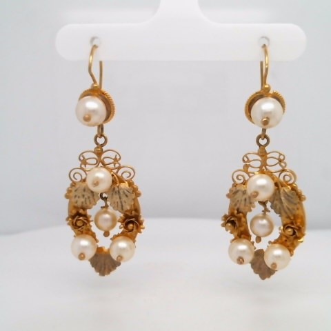Vintage 14 Karat Yellow Gold Pearl Earrings With Flowers, Leaves & Scroliing Filgree Design