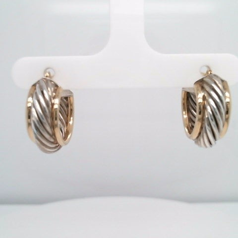 Vintage Sterling Silver Rope Design Medium Hoops With 14 Karat Yellow Gold Edge