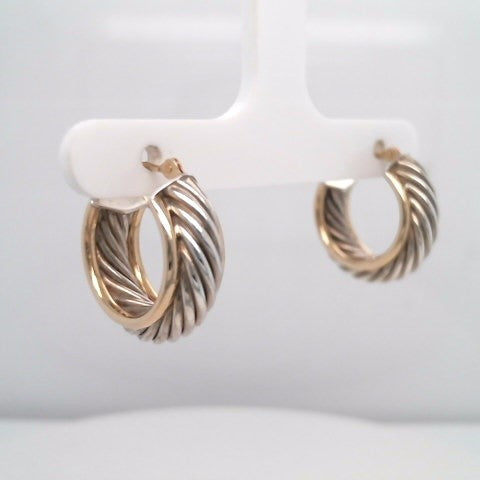 Vintage Sterling Silver Rope Design Medium Hoops With 14 Karat Yellow Gold Edge