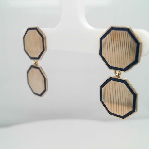 Antique Victorian 9 Karat Yellow Gold Hexagonal Double Drop Earrings With Blue Enamel