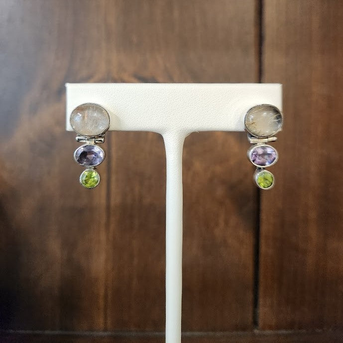 Vintage Sterling Silver Rutilated Quartz, Amethyst & Peridot Drop Stud Earrings