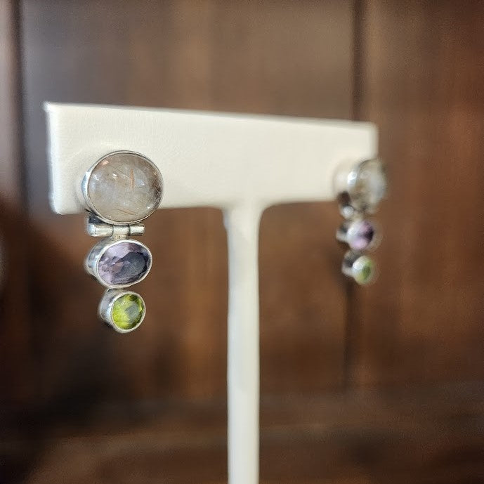 Vintage Sterling Silver Rutilated Quartz, Amethyst & Peridot Drop Stud Earrings