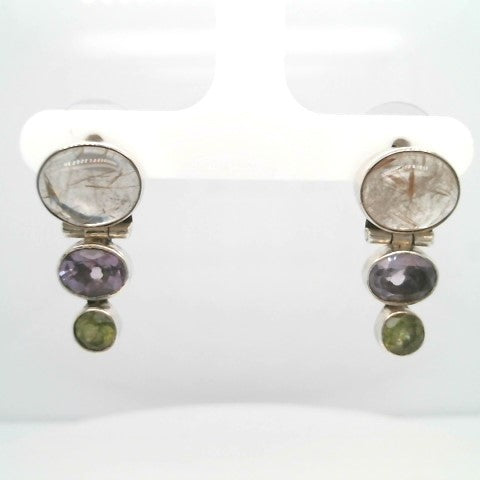 Vintage Sterling Silver Rutilated Quartz, Amethyst & Peridot Drop Stud Earrings