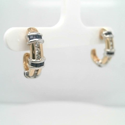 Vintage 14 Karat Yellow & White Gold Diamond & Blue Sapphire 1/2 Hoop Earrings