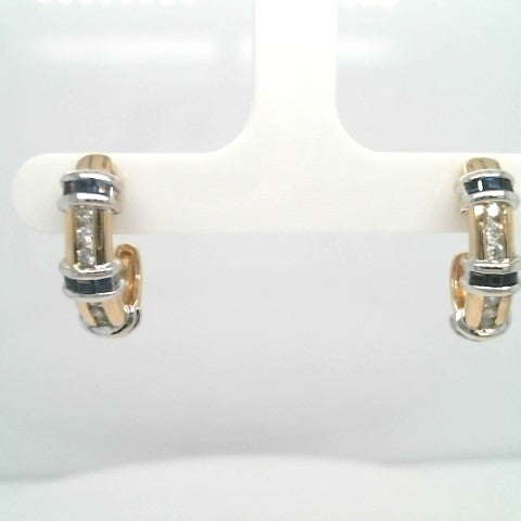 Vintage 14 Karat Yellow & White Gold Diamond & Blue Sapphire 1/2 Hoop Earrings