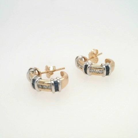Vintage 14 Karat Yellow & White Gold Diamond & Blue Sapphire 1/2 Hoop Earrings