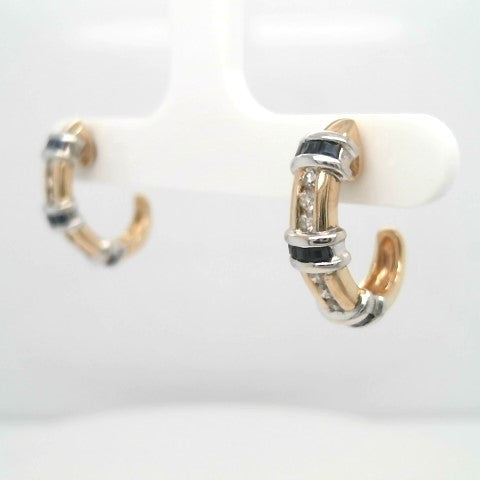 Vintage 14 Karat Yellow & White Gold Diamond & Blue Sapphire 1/2 Hoop Earrings