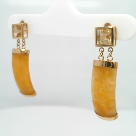 Online Clearance * Vintage 14 Karat Yellow Gold Citrine & Yellow Jade Dangle Earrings