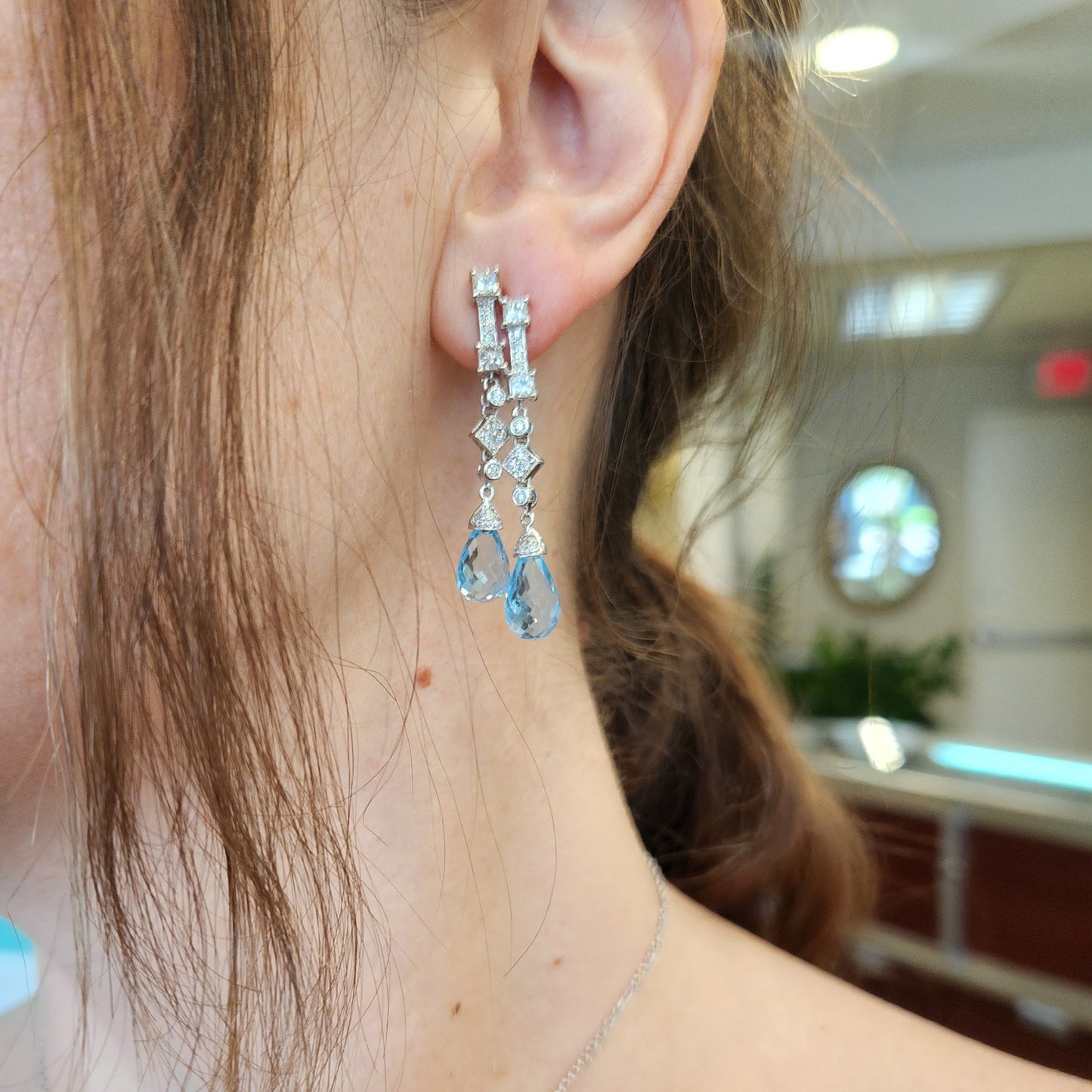 Vintage 14 Karat White Gold Blue Topaz Briolette & Diamond Earrings With Omega Backs