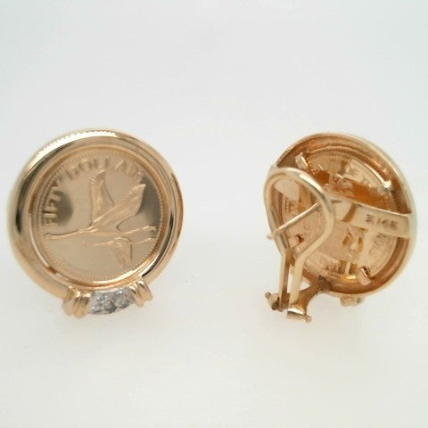 Vintage 14 Karat Yellow Gold Bahamian 50 Dollar Coin & Diamond Earrings With Omega Backs