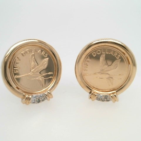 Vintage 14 Karat Yellow Gold Bahamian 50 Dollar Coin & Diamond Earrings With Omega Backs