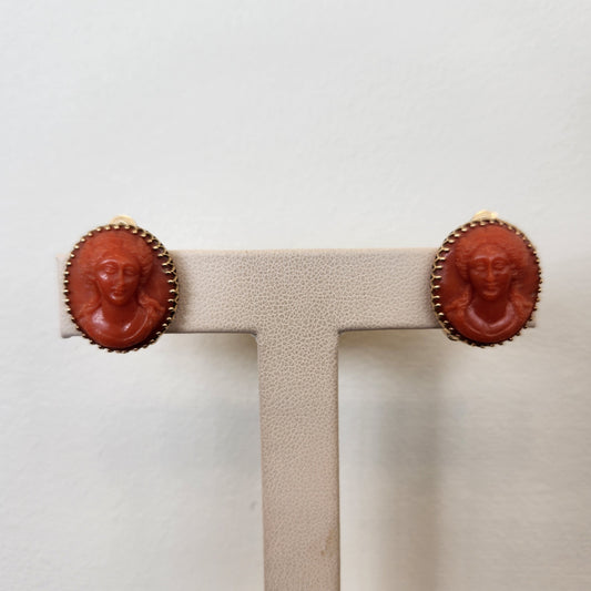 Vintage 14 Karat Yellow Gold Carved Coral Cameo Clip Earrings