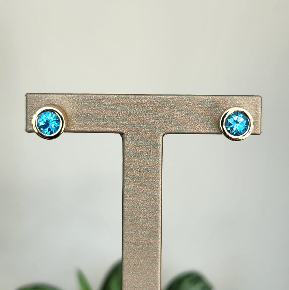 Vintage 14 Karat Yellow Gold Round Bezel Set Blue Topaz Earrings With Omega Backs