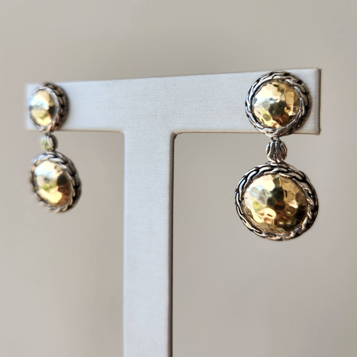Vintage Sterling Silver & 22 Karat Yellow Gold Hammered Gold Disc & Woven Rope Dangle Earrings,  John Hardy