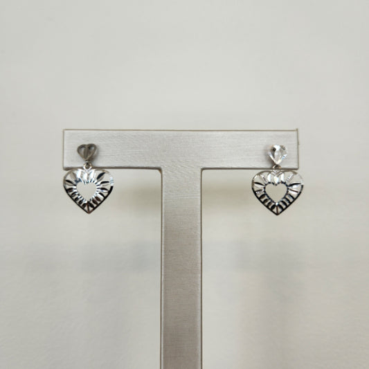Vintage 14 Karat White Gold Diamond Cut Heart Dangle Earrings