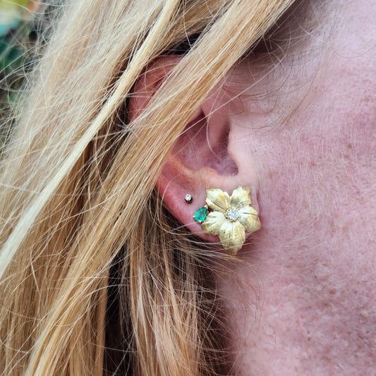 Vintage Retro 14 Karat Yellow Gold Textured Flower Earrings With Diamond Center