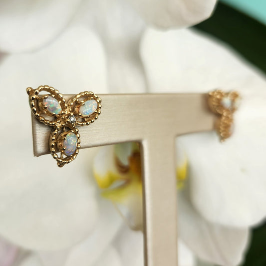 Vintage 14 Karat Yellow Gold Triple Leaf Design Opal & Diamond Earrings