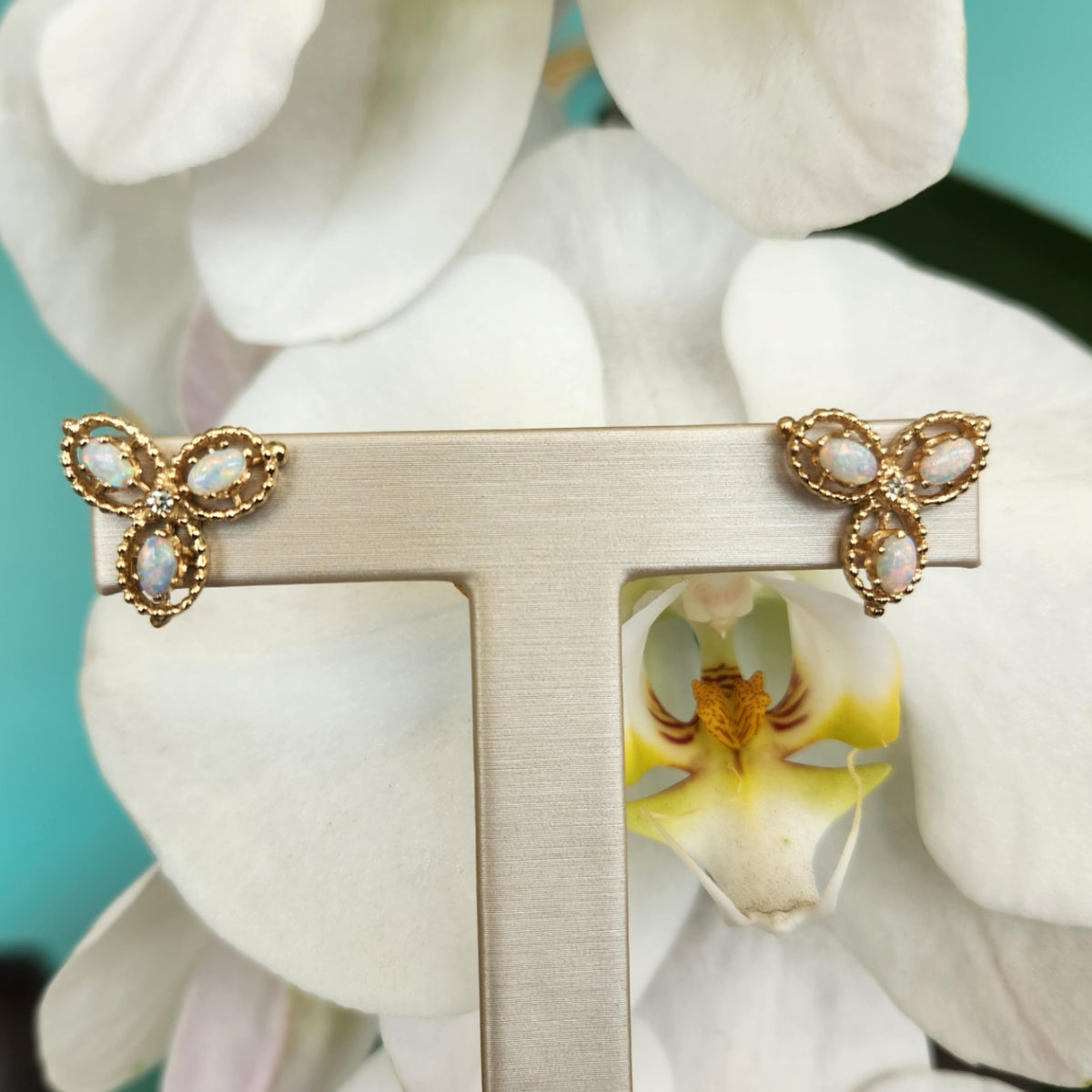 Vintage 14 Karat Yellow Gold Triple Leaf Design Opal & Diamond Earrings