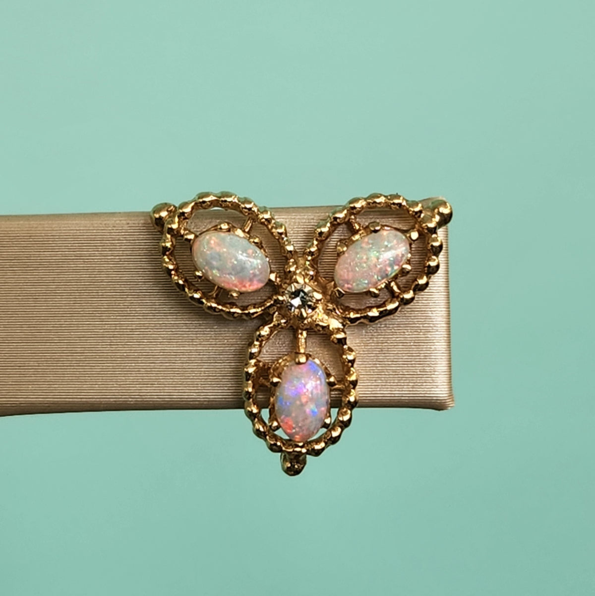 Vintage 14 Karat Yellow Gold Triple Leaf Design Opal & Diamond Earrings