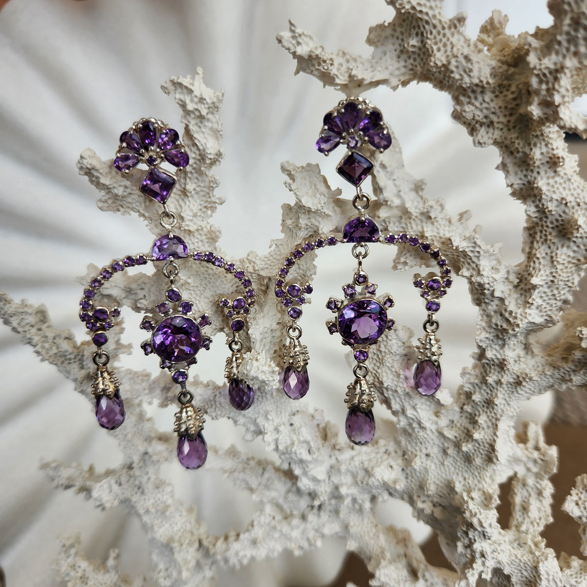 Vintage Sterling Silver Amethyst Oversized Chandelier Earrings
