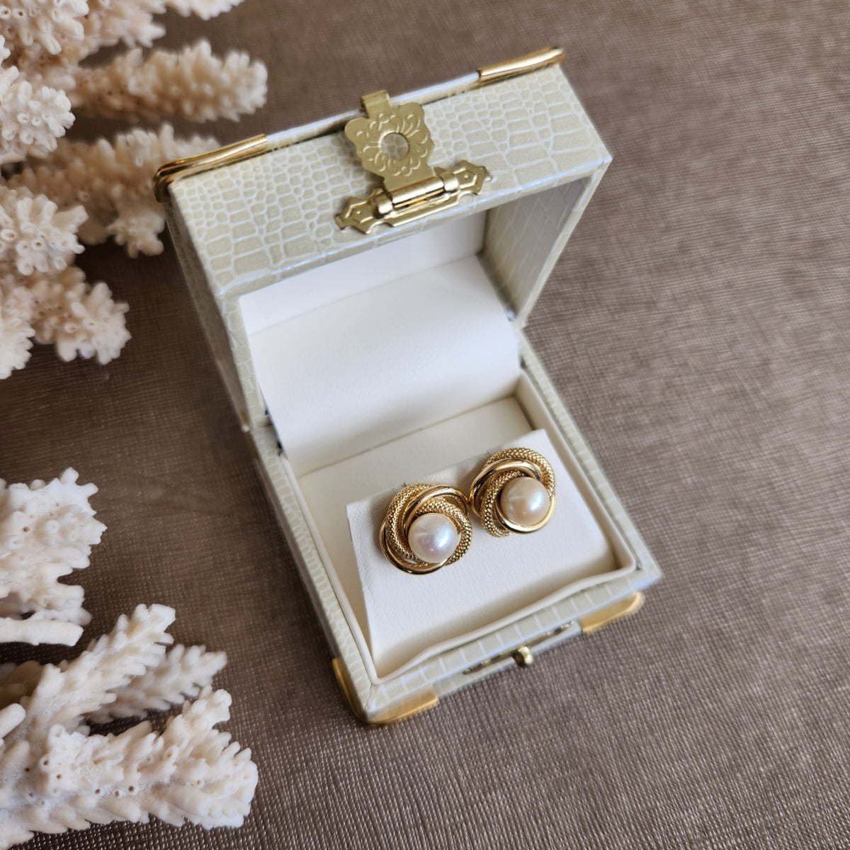 Vintage 18 Karat Yellow Gold "Love Knot" Pearl Stud Earrings With Textured & Polished Finish