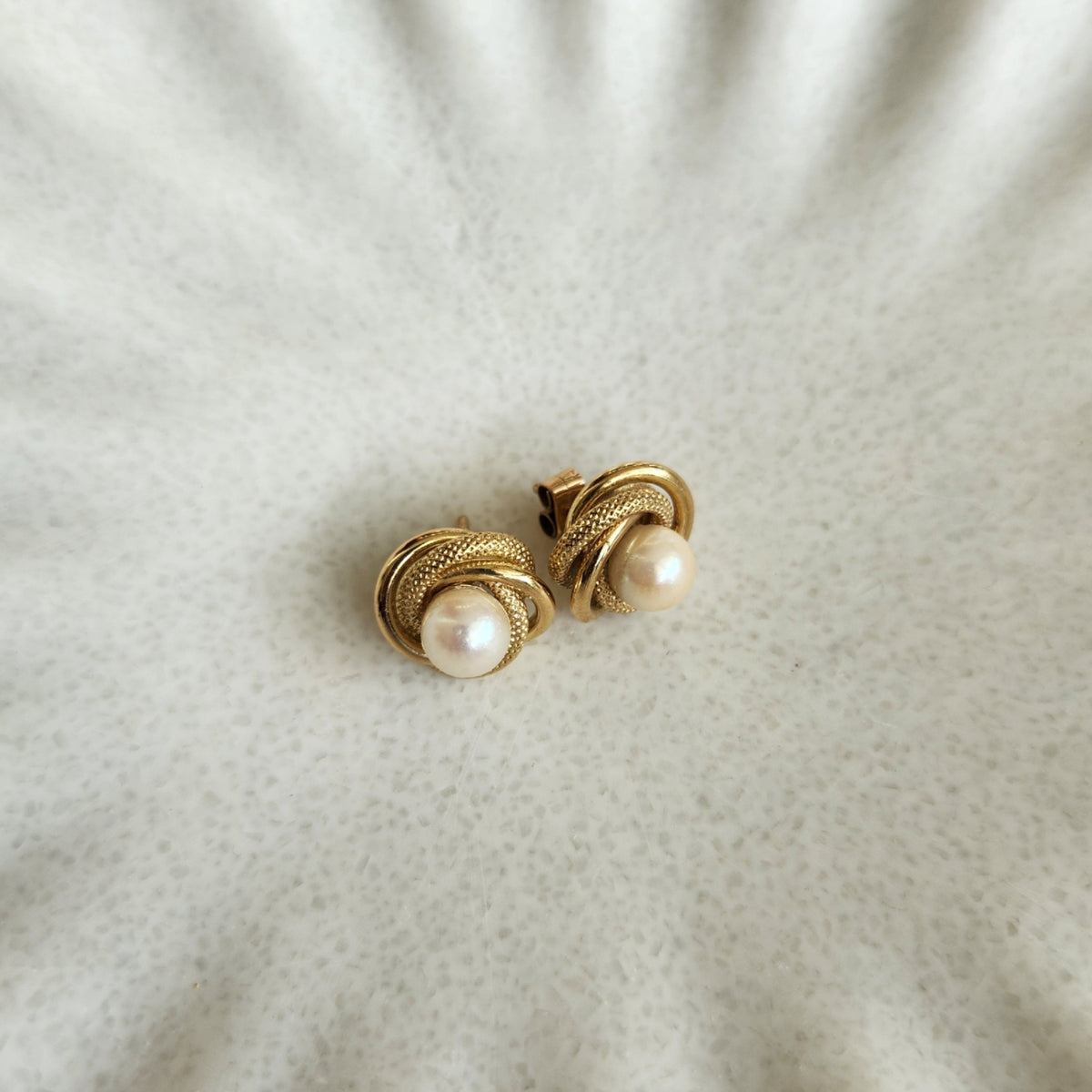 Vintage 18 Karat Yellow Gold "Love Knot" Pearl Stud Earrings With Textured & Polished Finish