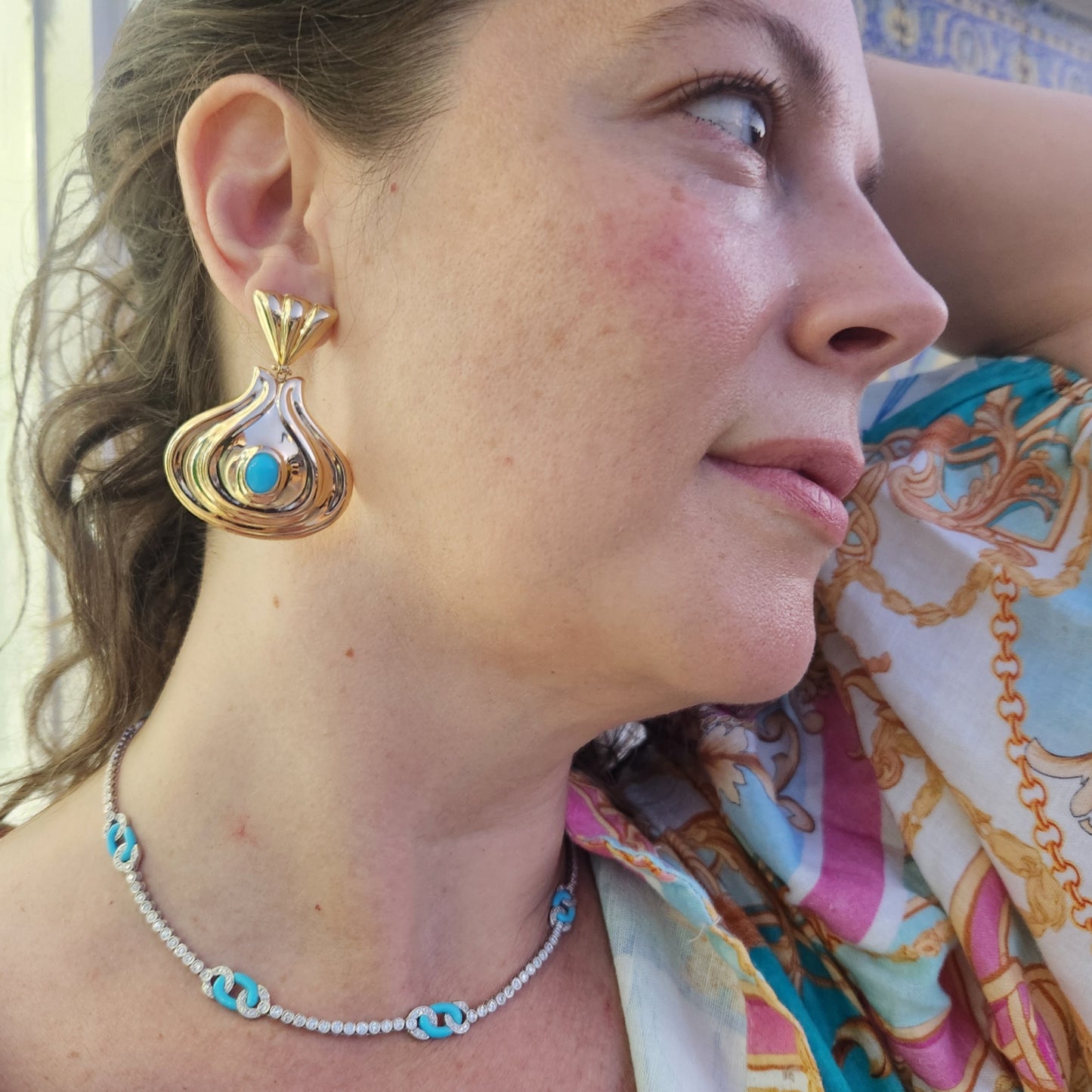 Vintage 14 Karat Yellow Gold Exaggerated Teardrop Shaped Dangle Earrings With Turquoise