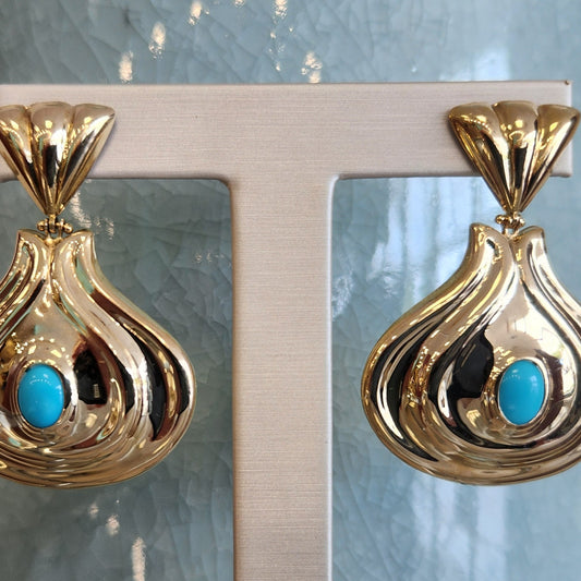 Vintage 14 Karat Yellow Gold Exaggerated Teardrop Shaped Dangle Earrings With Turquoise