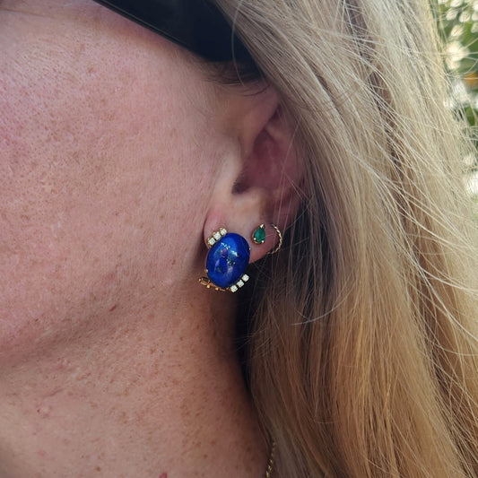 Vintage 18 Karat Yellow Gold Lapis & Diamond Earrings