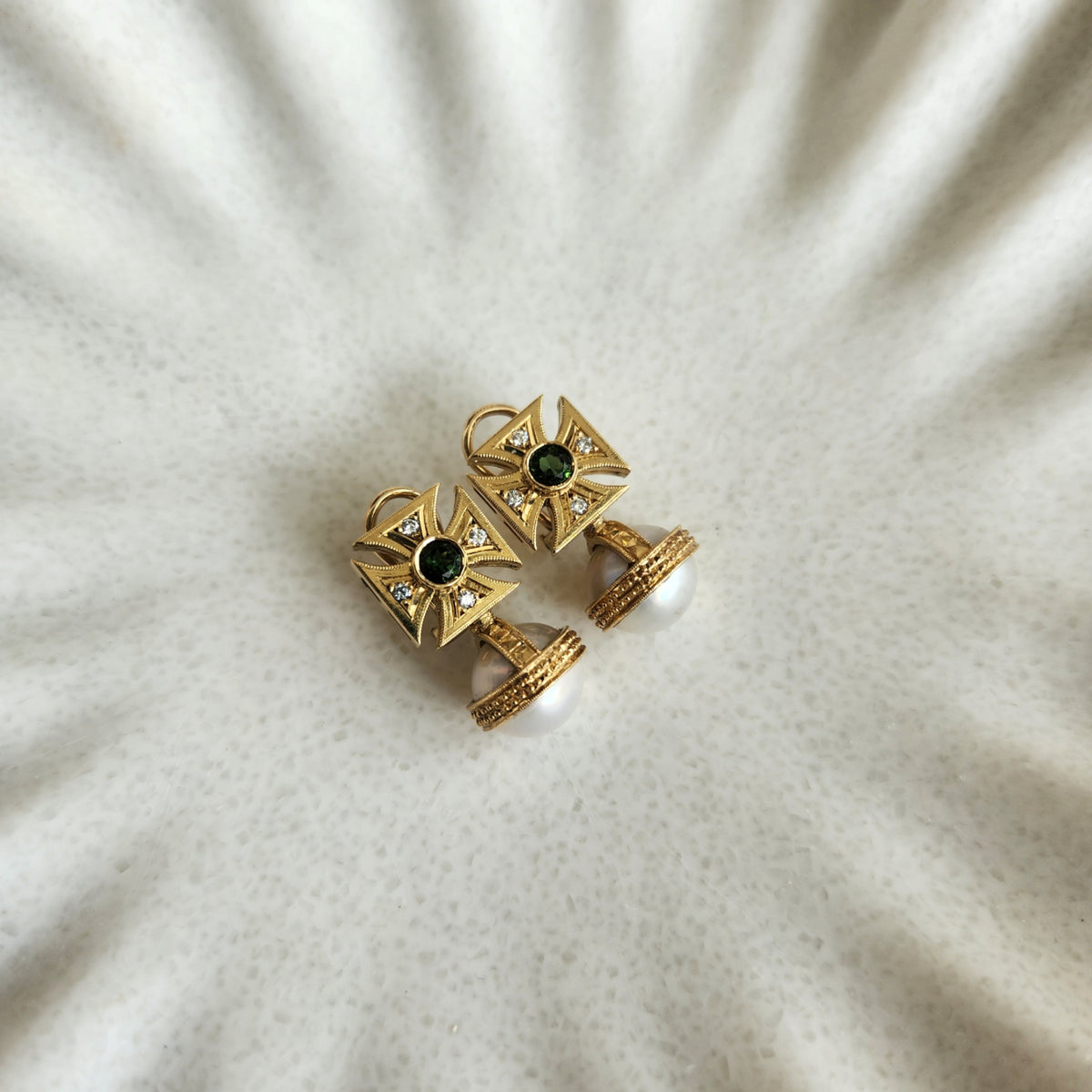 Vintage 14 Karat Yellow Gold Maltese Cross Green Tourmaline, Diamond & Pearl Earrings