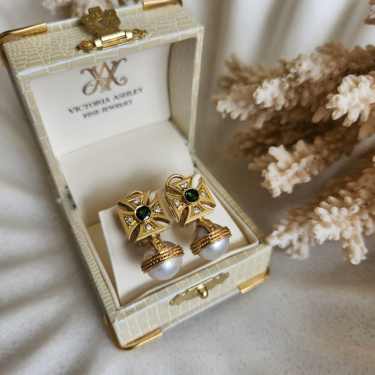 Vintage 14 Karat Yellow Gold Maltese Cross Green Tourmaline, Diamond & Pearl Earrings